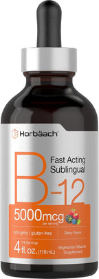 Horbaach Vitamina B12 5000 mcg Sublingual | Gotas Líquidas con Metilcobalamina y Cianocobalamina | Sabor Berry | Sin Gluten y No-GMO