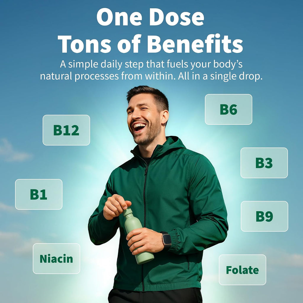 NUSAVA (Pack de 4) Gotas Líquidas de Vitamina B12 5000 mcg - Complejo B con B6 y B1 - Metilcobalamina - Sabor Frambuesa - Vegano, Sin Gluten (2 Fl Oz, 160 Dosis)