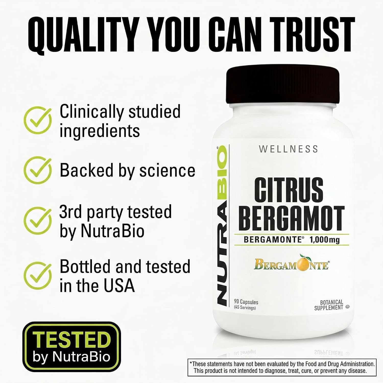 NutraBio Extracto de Bergamota Cítrica Bergamonte® 1000mg, 90 Cápsulas