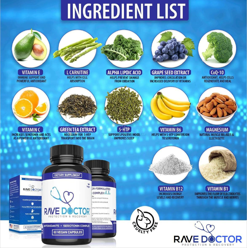 Rave Doctor 5 HTP Supplement – Complemento Alimenticio con 5-HTP, Vitaminas y Antioxidantes (Vegano)