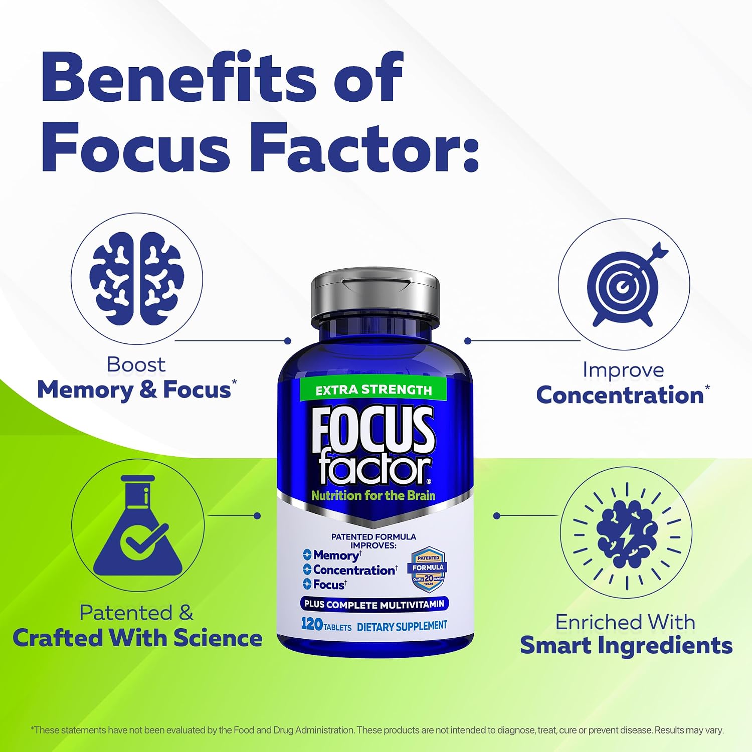 Focus Factor Adults Extra Strength, 120 Comprimidos - Suplemento para la Memoria, Concentración y Enfoque - Multivitamínico Completo con DMAE, Vitamina D, DHA