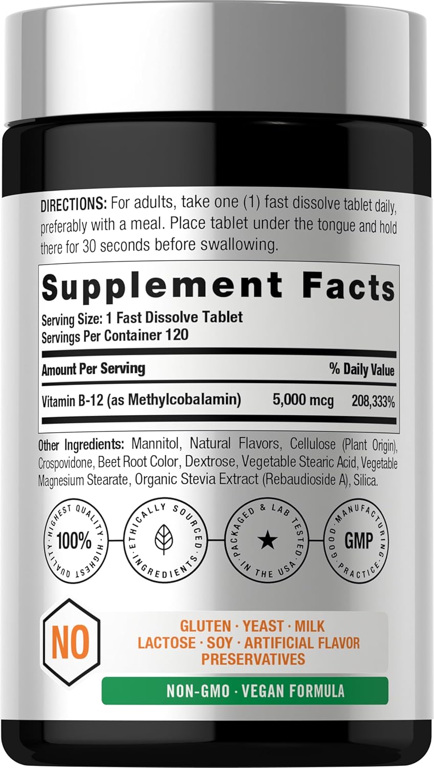 Horbäach Vitamina B12 5000 mcg - 120 Comprimidos Sublinguales de Metilcobalamina - Sabor Natural a Bayas - Vegano, Sin Gluten y No Modificado Genéticamente