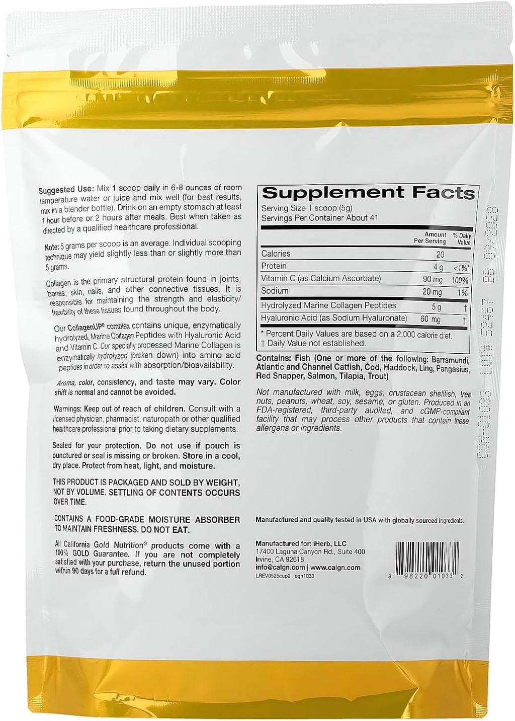 California Gold Nutrition CollagenUP®, Péptidos de Colágeno Marino Hidrolizado con Ácido Hialurónico y Vitamina C, Sin Sabor, 206 g