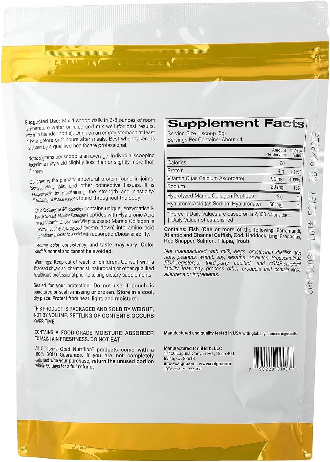 California Gold Nutrition CollagenUP®, Péptidos de Colágeno Marino Hidrolizado con Ácido Hialurónico y Vitamina C, Sin Sabor, 206 g