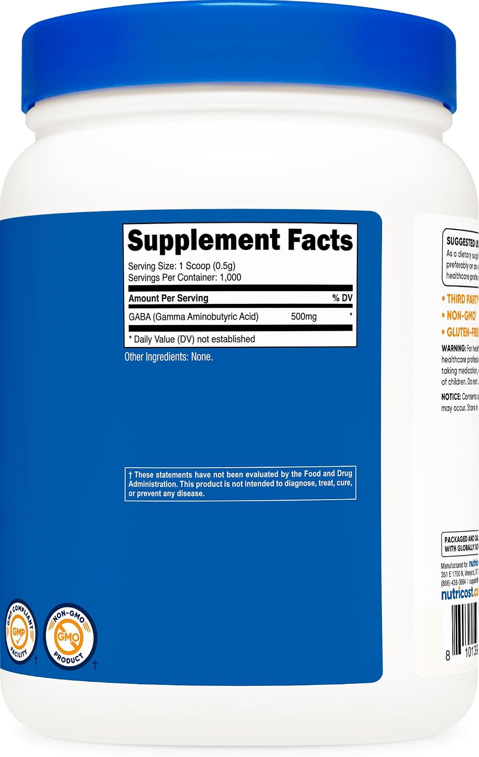 Nutricost GABA puro 500 g en polvo (ácido gamma-aminobutírico)