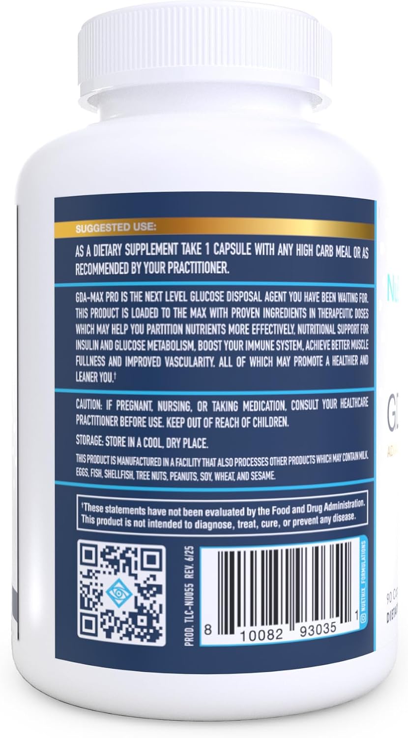 NuEthix Formulations GDA-MAX PRO, Suplemento con Berberina HCL Doble Concentración, Apoyo al Metabolismo de la Glucosa, 90 Cápsulas