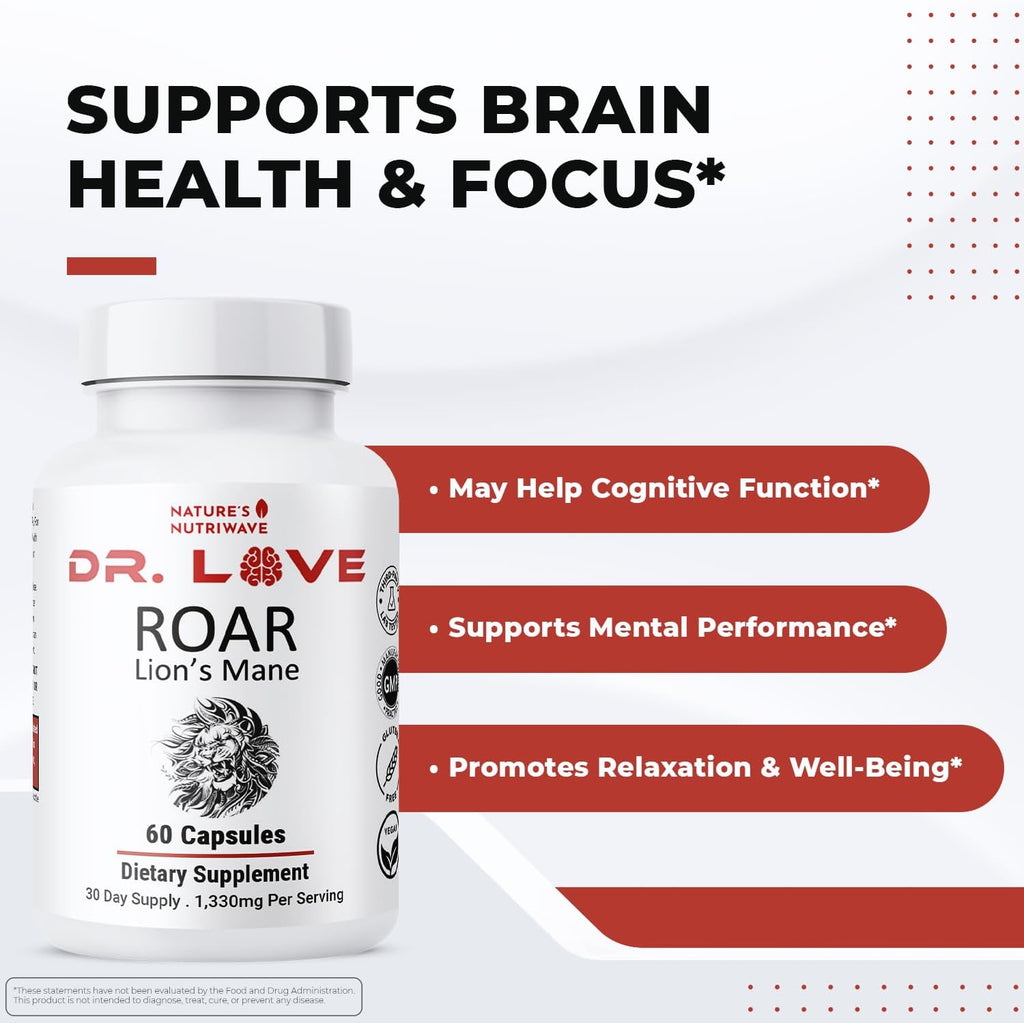 Dr. Love ROAR Lion's Mane, Cordyceps y Reishi, 60 cápsulas