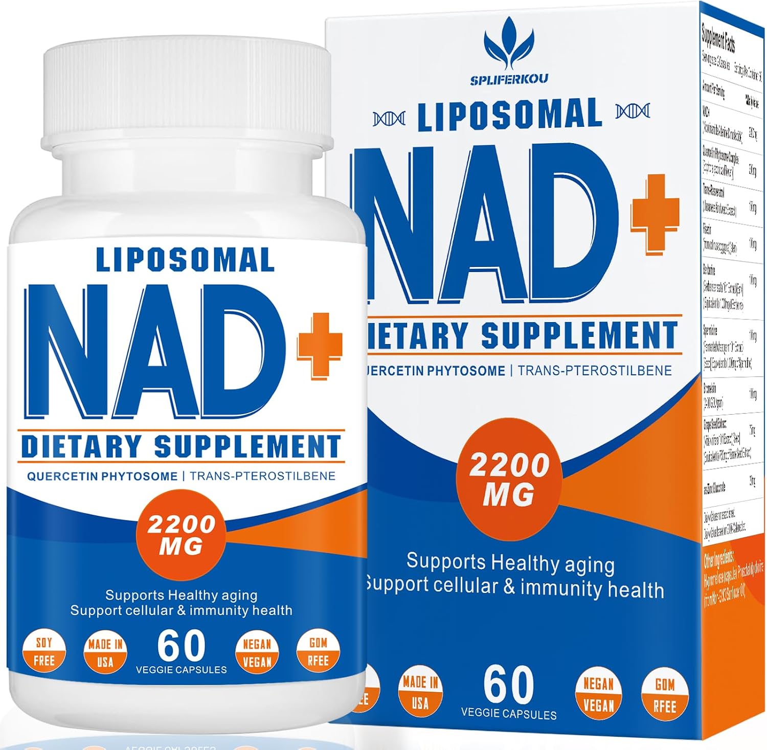 Spliferkou NAD+ Liposomal 2200mg, 60 Cápsulas | Suplemento de NAD+ para Energía Celular y Envejecimiento Saludable