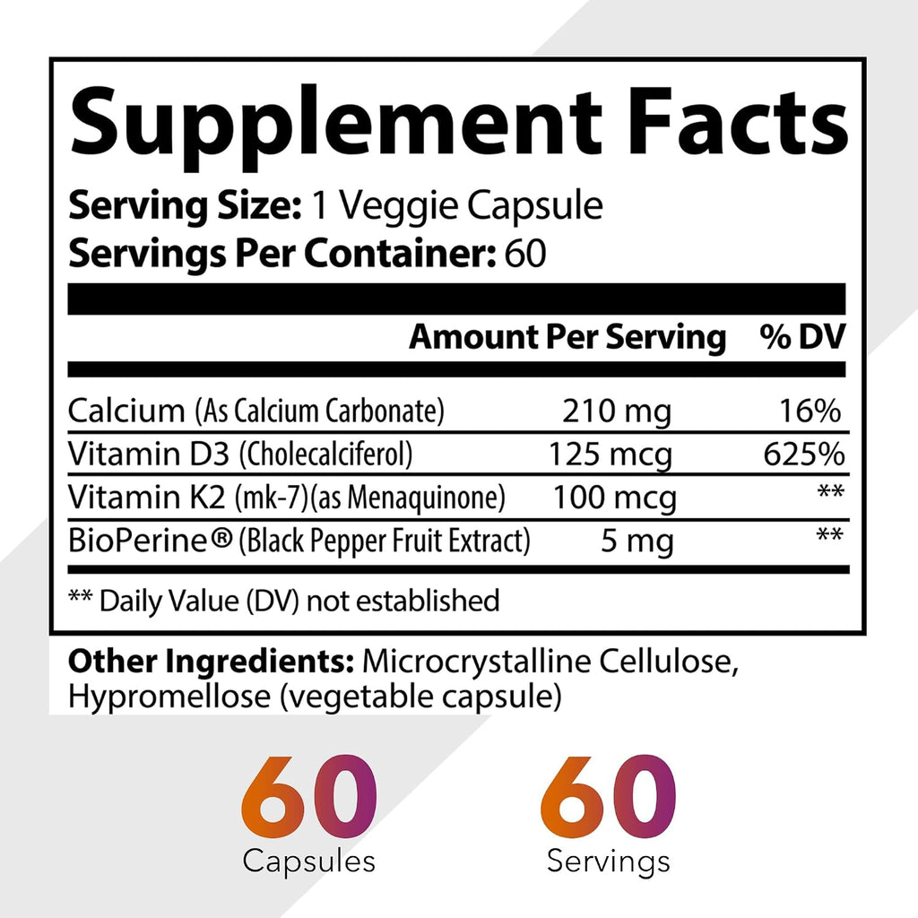 Vitamina D3 (5000 UI) + K2 (100 mcg como MK-7) con Calcio – Suplemento de Alta Absorción para la Salud Ósea, Cardíaca e Inmune – 60 Cápsulas Vegetales