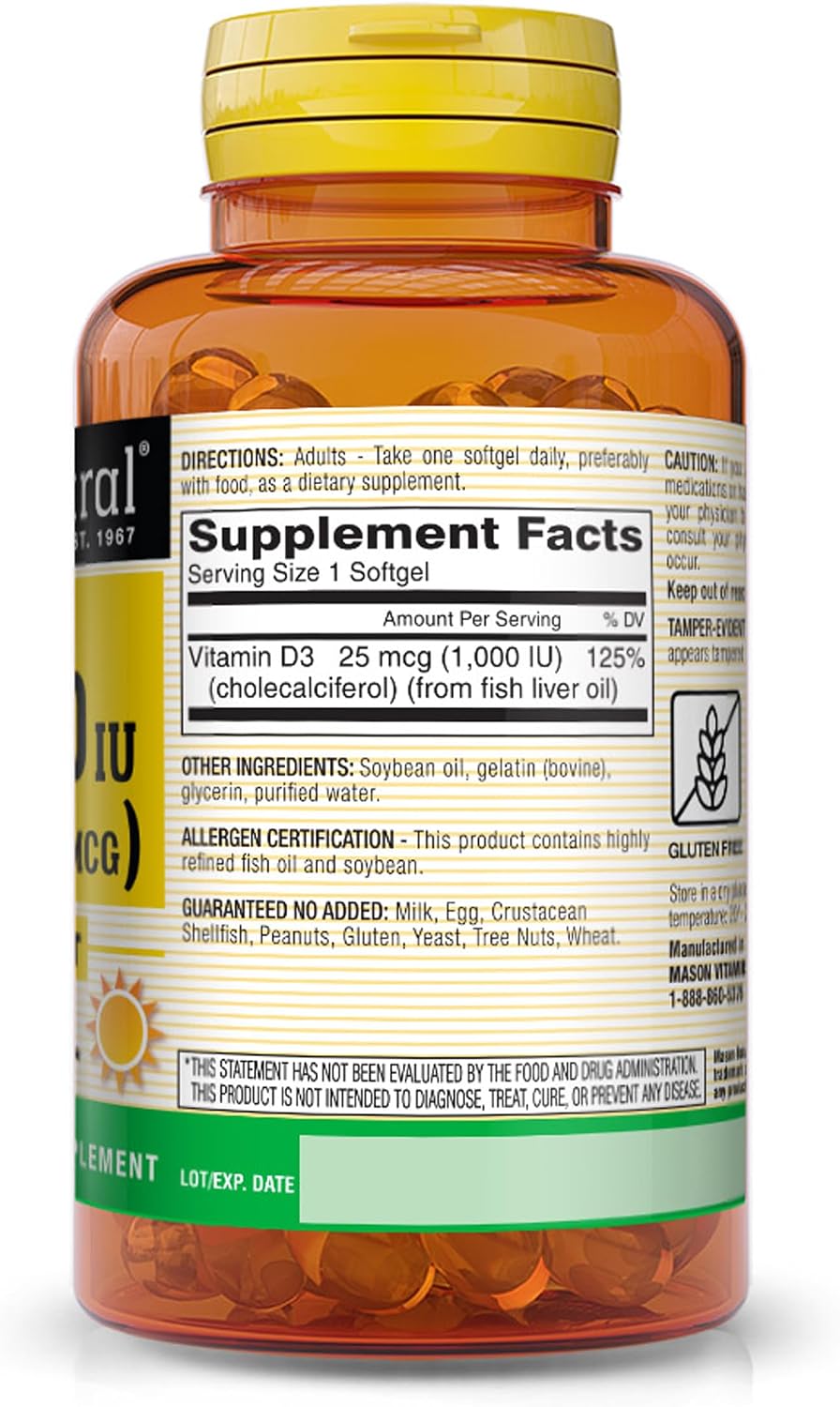 Mason Natural Vitamin D3 1000 IU (25 mcg) from Fish Liver Oil, 120 Softgels