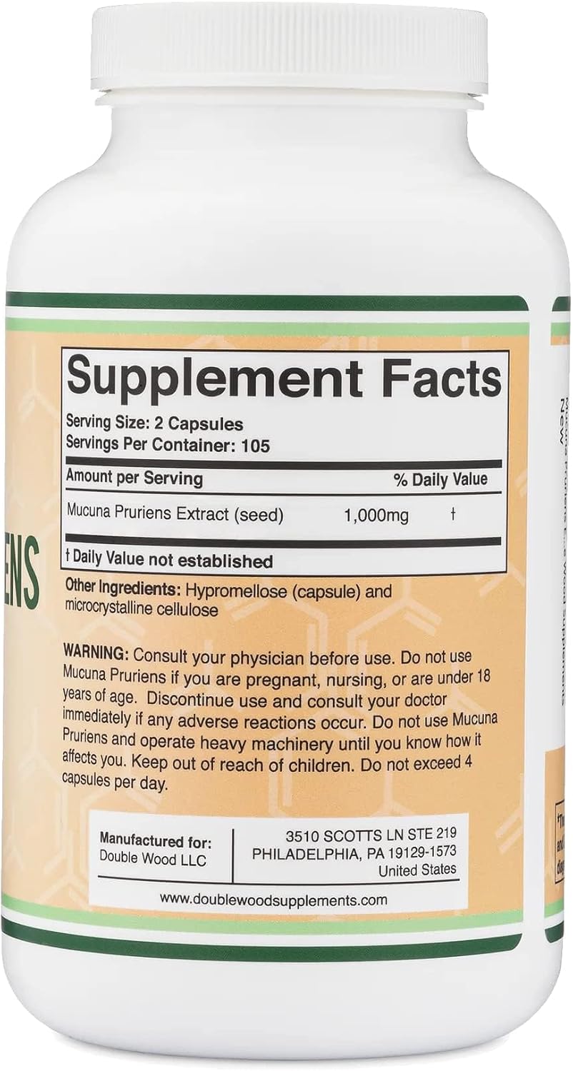 Cápsulas de Extracto de Mucuna Pruriens - 1000 mg por ración, 20% L-Dopa - 210 Cápsulas