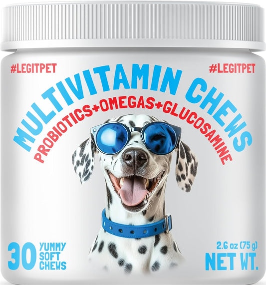 LEGITPET Multivitaminas para Perros - 30 Masticables con Glucosamina, Condroitina, Probióticos y Omega-3