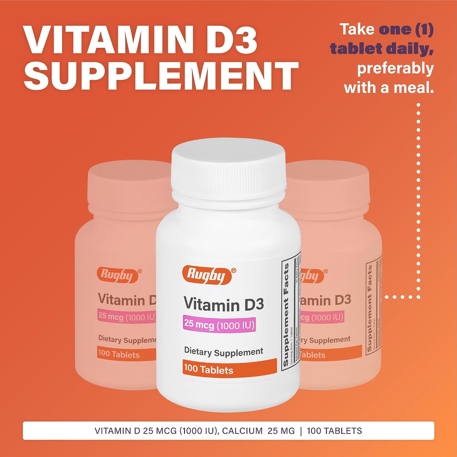 Vitamina D3 Rugby, 25 mcg (1.000 UI) - Complemento Alimenticio - 100 Comprimidos