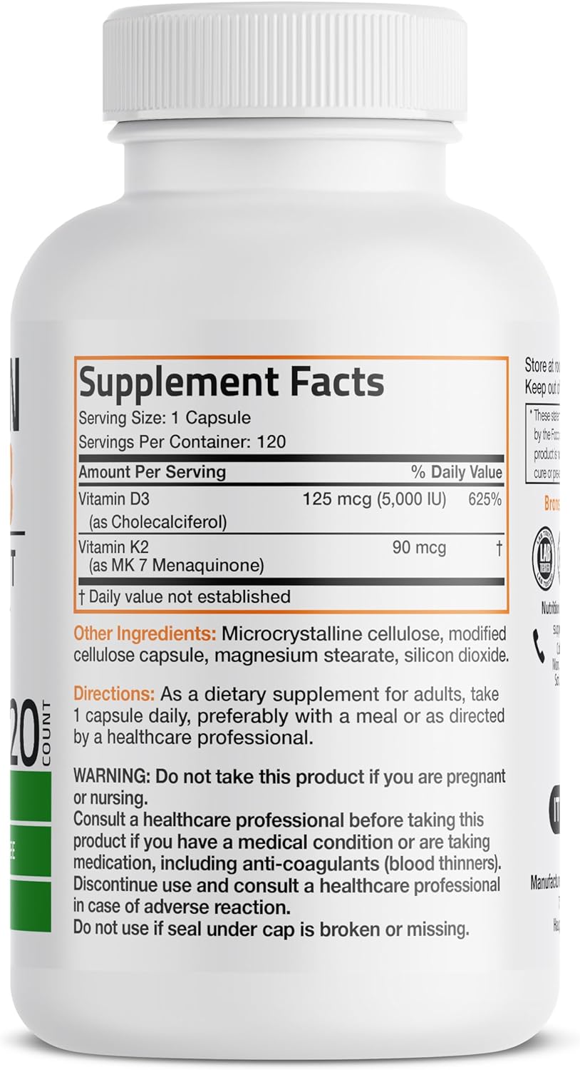 Bronson Vitamina K2 D3 (MK7) Suplemento 2-en-1 Complejo D3 y K2, 120 Cápsulas