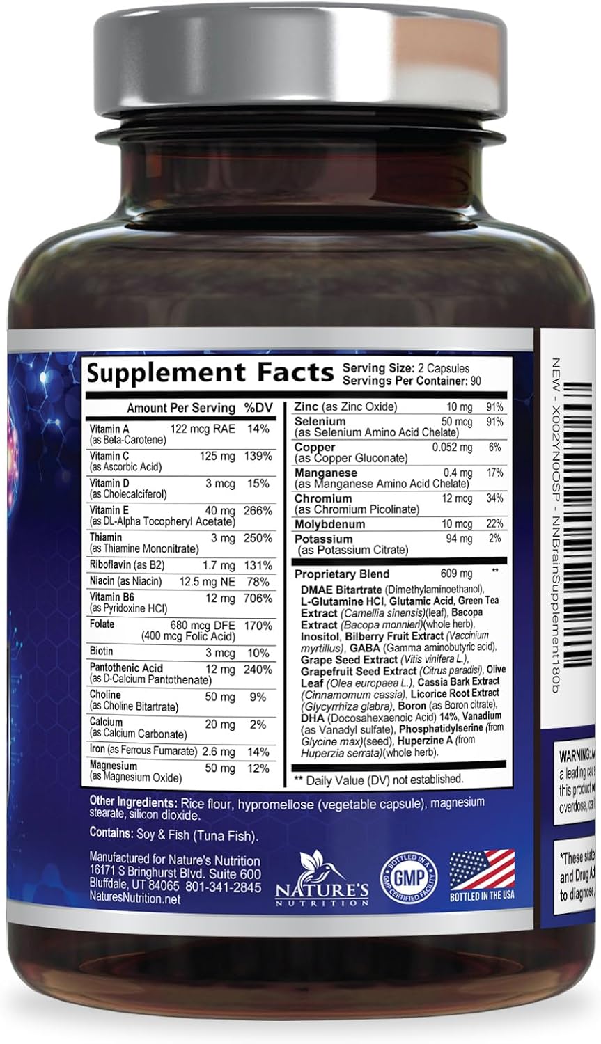 Brain Memory Supplement - 3X Strength Nootropics para Concentración y Claridad - 180 Cápsulas