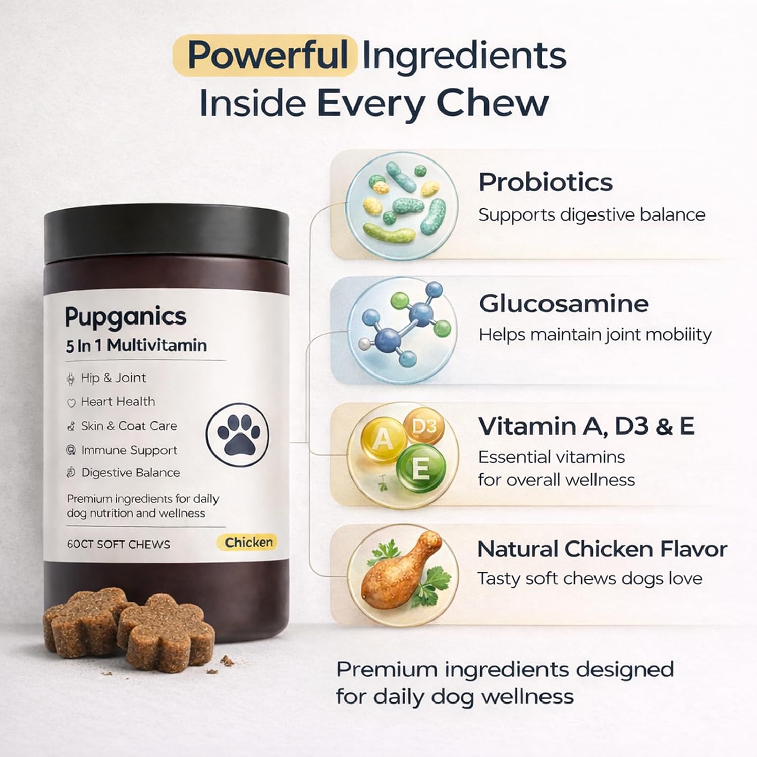 Pupganics Multivitamin Soft Chews para Perros, 60 Masticables