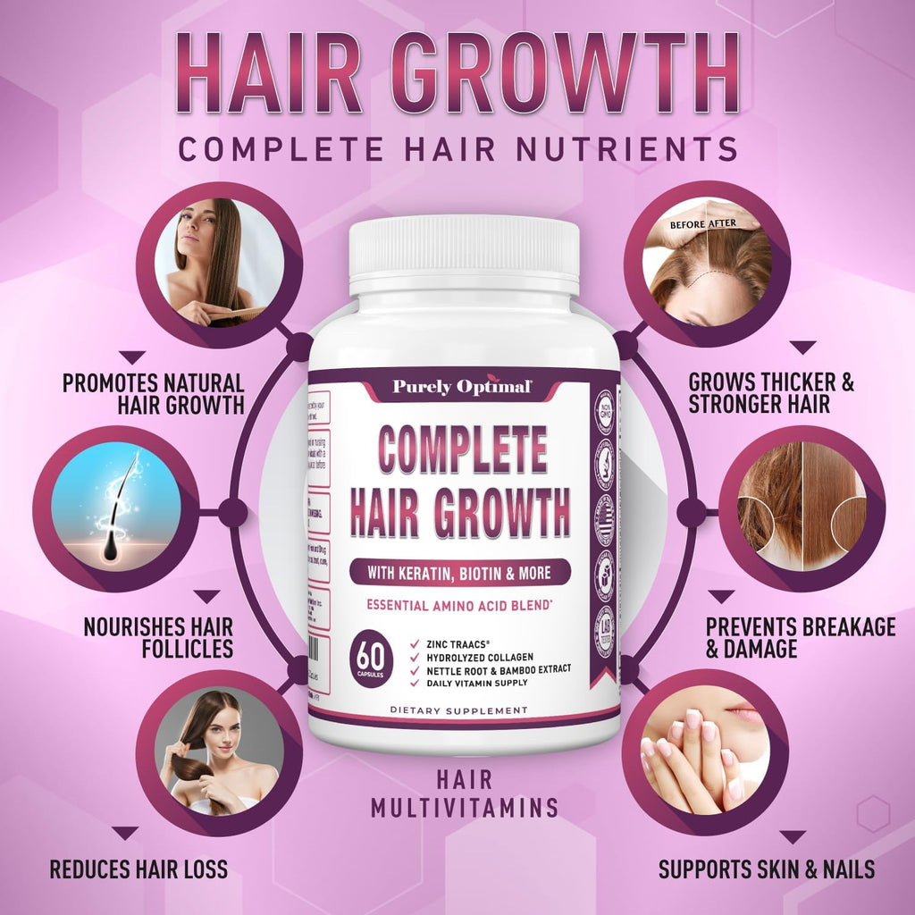 Purely Optimal Vitaminas para el Crecimiento del Cabello – 5000 mcg Biotina, Colágeno, Keratina – 60 Cápsulas