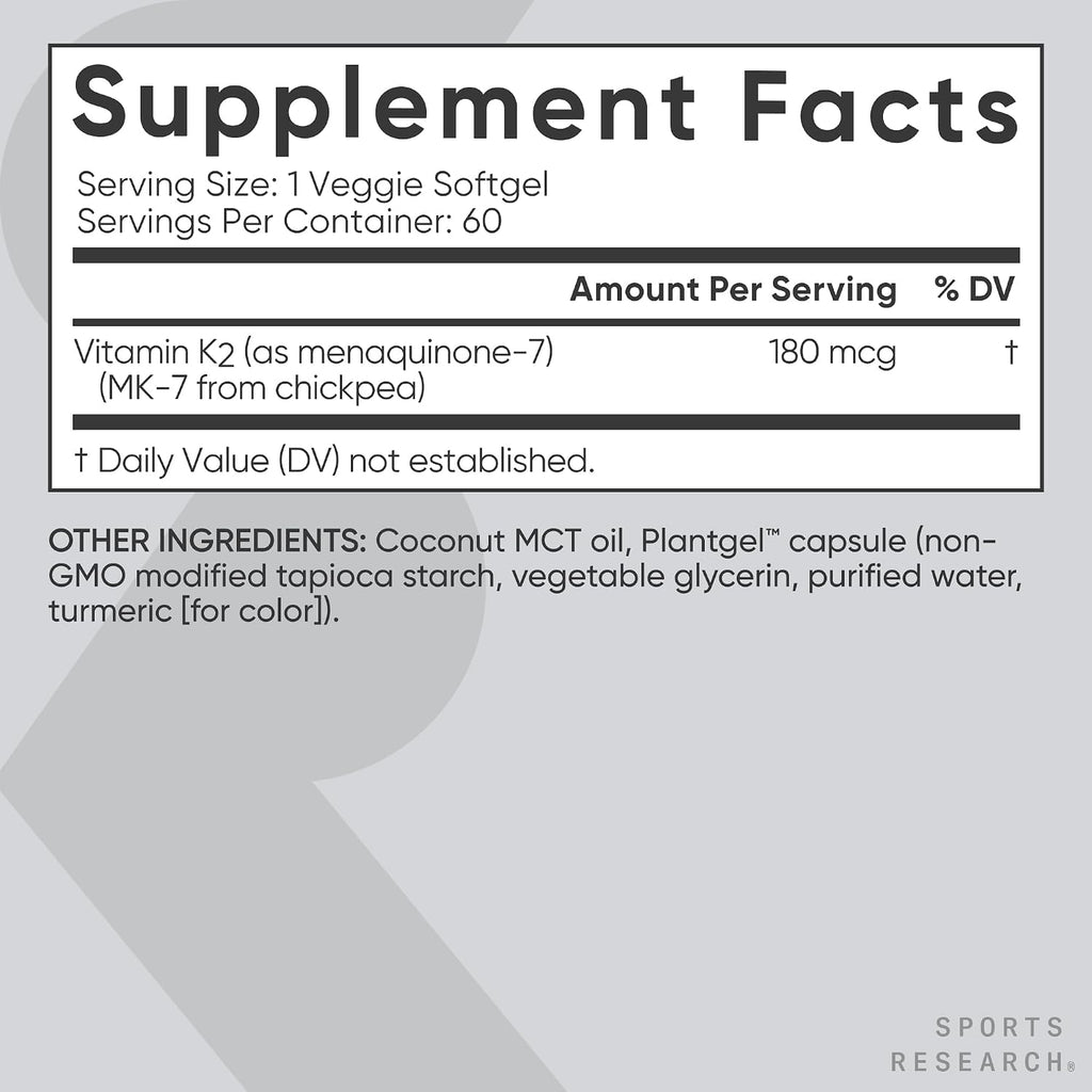 Sports Research Extra Strength Vitamina K2 MK-7 180mcg con Aceite MCT de Coco - 60 Cápsulas Blandas Veganas