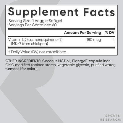 Sports Research Extra Strength Vitamina K2 MK-7 180mcg con Aceite MCT de Coco - 60 Cápsulas Blandas Veganas – Image 5