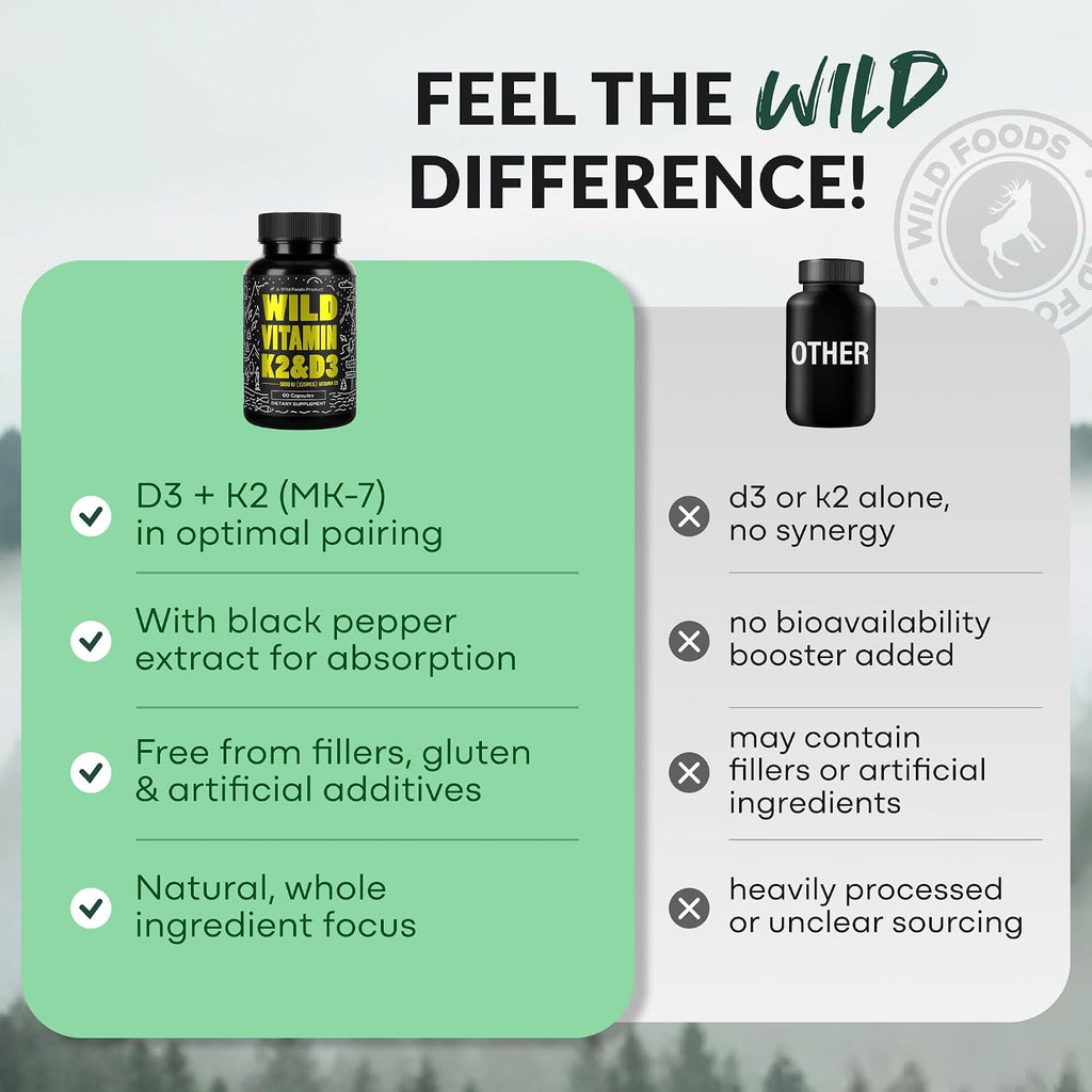 Wild Foods Vitamina D3 + K2 (5000 UI / 100 mcg MK-7) con Pimienta Negra - 60 Cápsulas (Pack de 2)