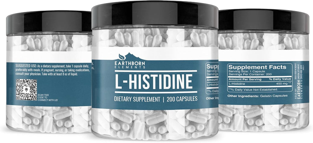 Earthborn Elements L-Histidine 200 Cápsulas, Puro y Sin Diluir, Sin Aditivos