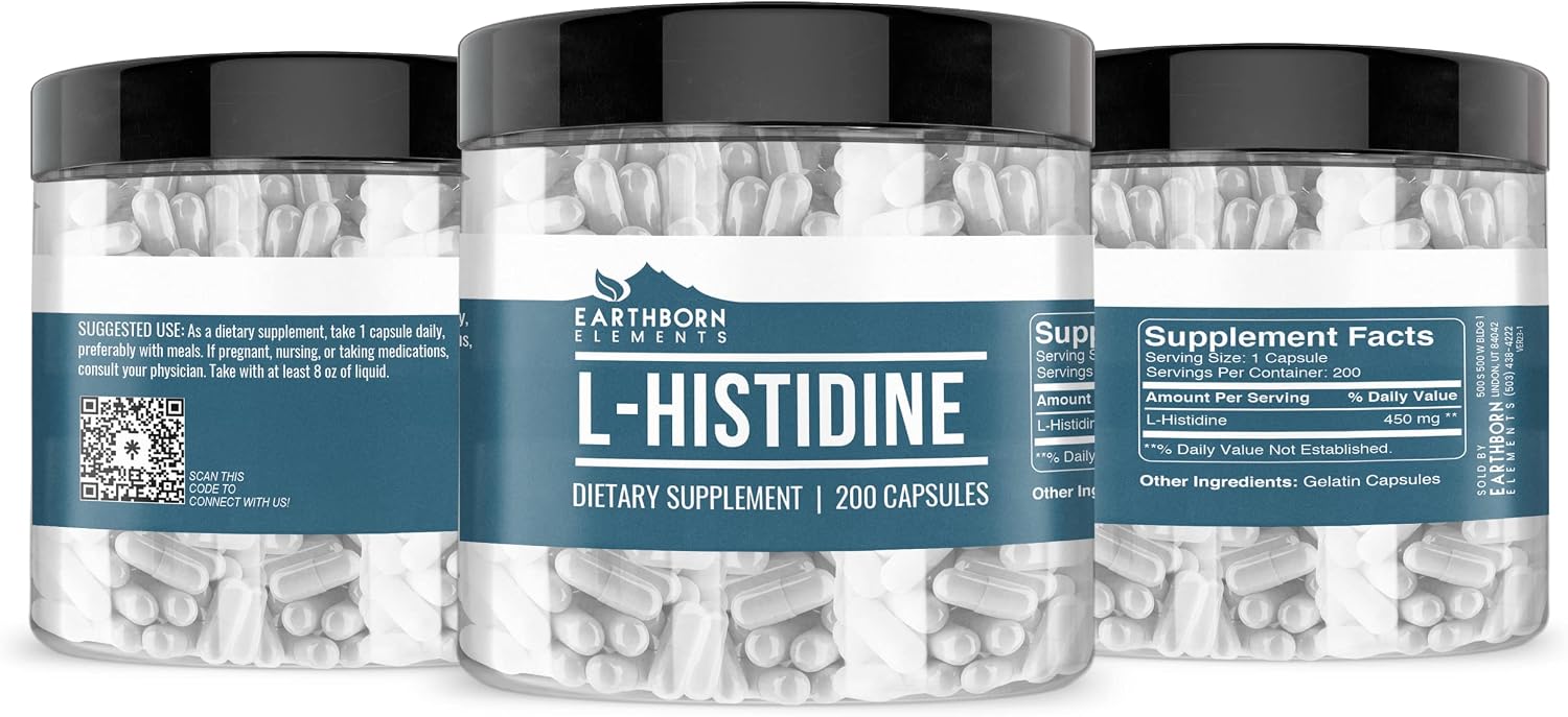 Earthborn Elements L-Histidine 200 Cápsulas, Puro y Sin Diluir, Sin Aditivos