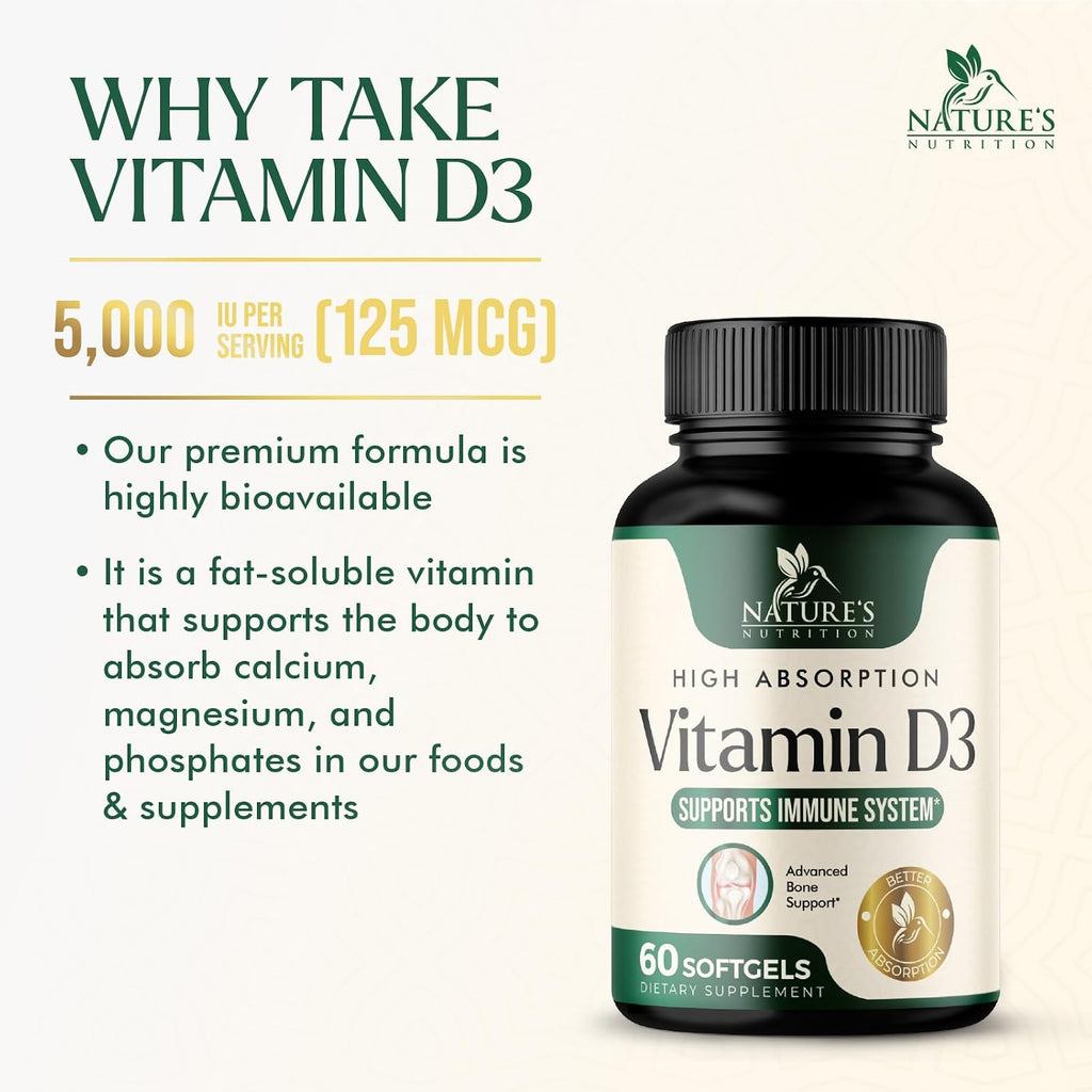 Nature's Nutrition Vitamina D3 5000 UI - 60 Cápsulas Blandas - Suplemento Extra Fuerte para Huesos, Dientes, Músculos e Inmunidad