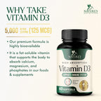 Nature's Nutrition Vitamina D3 5000 UI - 60 Cápsulas Blandas - Suplemento Extra Fuerte para Huesos, Dientes, Músculos e Inmunidad