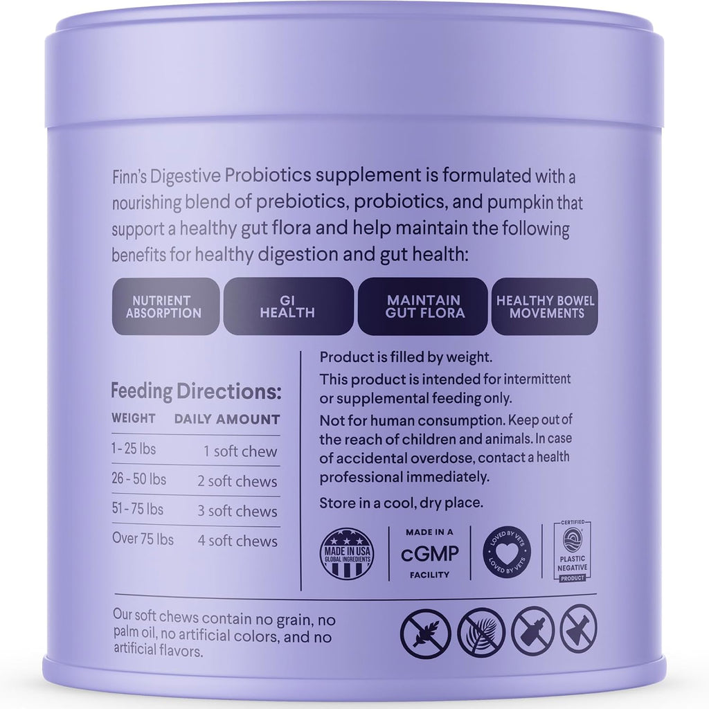 Finn Probióticos Digestivos para Perros - Calabaza y Prebióticos - 90 Masticables - 6 Cepas, 3 Mil Millones UFC