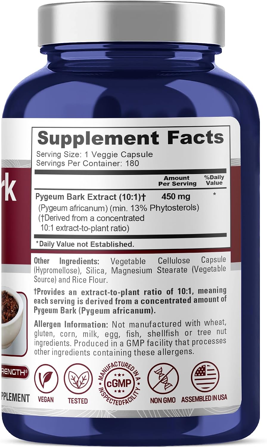 NusaPure Pygeum Bark Cápsulas, 450 mg, 180 Cápsulas Vegetales (No-GMO, Vegano)