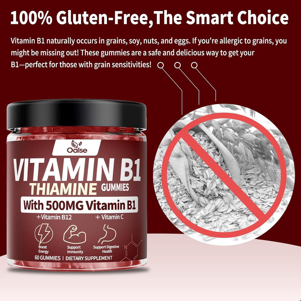 OALSE Gominolas de Tiamina Vitamina B1 - 500mg, Veganas, Sin Azúcar, Sabor a Bayas Mixtas, 60 Unidades