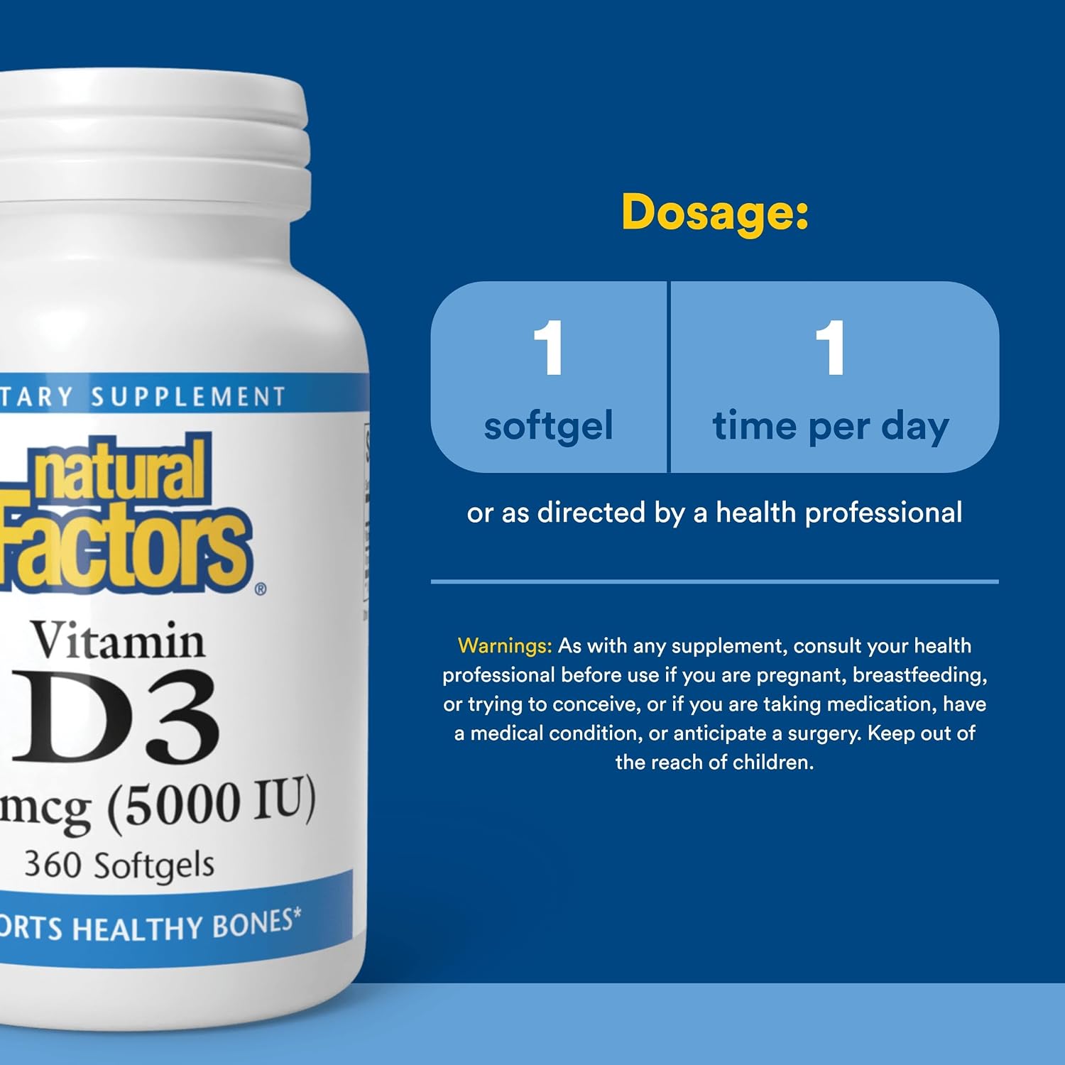 Natural Factors Vitamina D3 5000 IU (125 mcg), 360 Cápsulas Blandas
