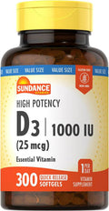 Sundance Vitamina D3 1000 IU 300 Cápsulas Blandas - No-GMO, Sin Gluten