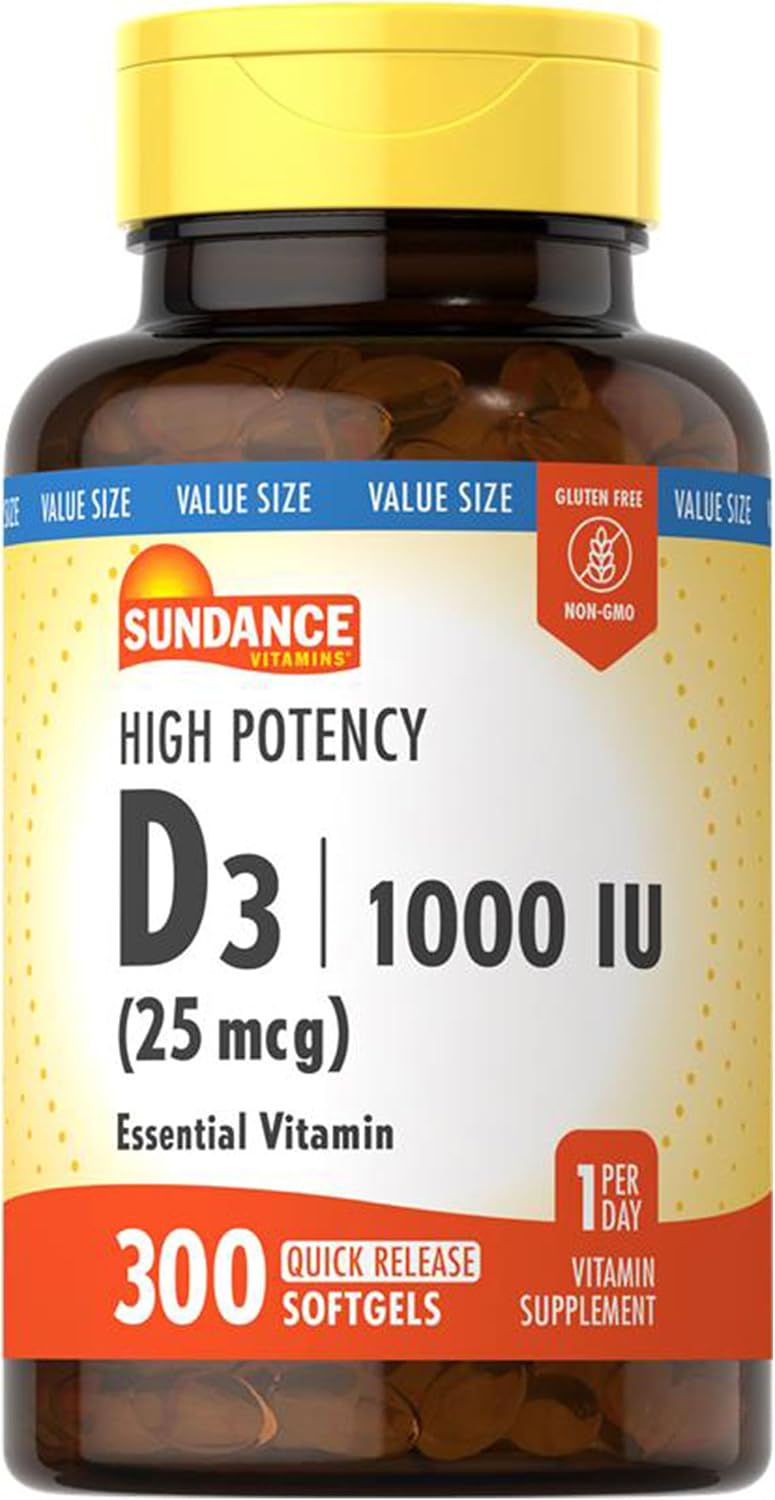 Sundance Vitamina D3 1000 IU 300 Cápsulas Blandas - No-GMO, Sin Gluten