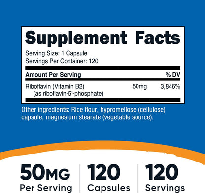 Nutricost R-5-P (Riboflavina-5-Fosfato) Vitamina B2, 50 mg, 120 Cápsulas - Vegano, Sin OGM – Image 2