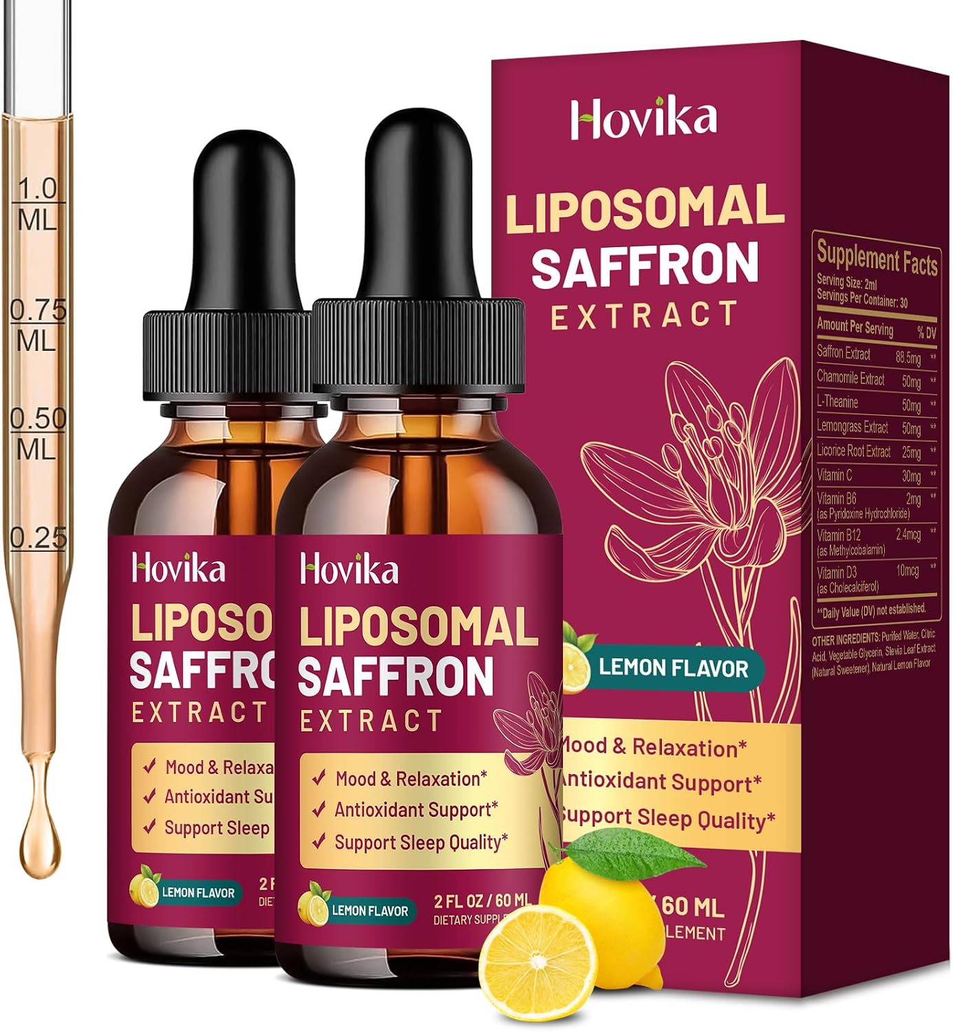 Hovika Suplemento de Azafrán Liposomal - 88.5 mg Extracto de Azafrán con L-Teanina, Manzanilla, Vitaminas C, B6, B12 y D3 - Apoyo al Estado de Ánimo, Energía y Enfoque - 60 ml Sabor Fresa