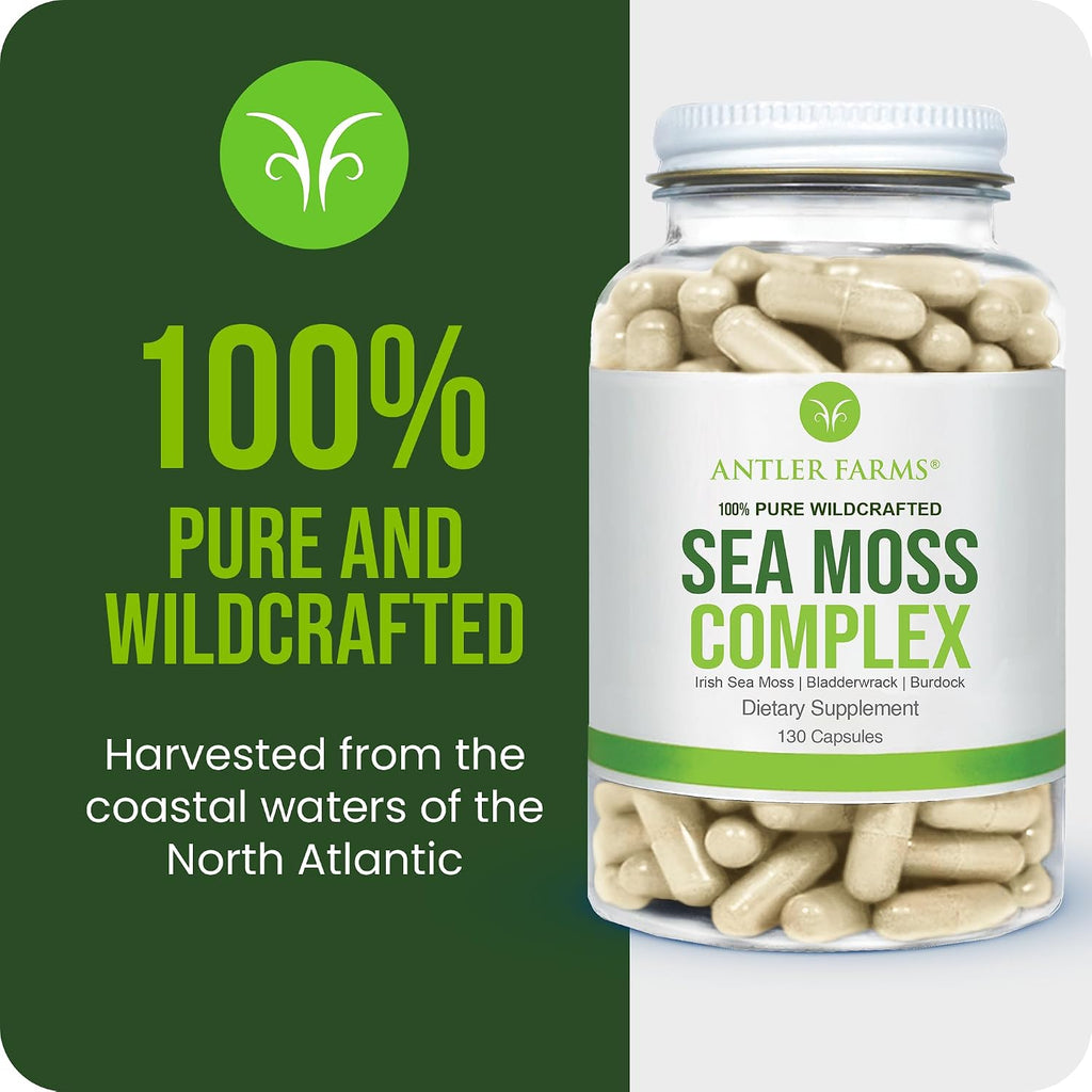 Antler Farms – Complejo de Musgo Marino Puro 130 Cápsulas – Musgo Irlandés Silvestre, Bladderwrack y Raíz de Bardana – Mezcla Potente para el Bienestar, Vegano, Sin Gluten, Soja ni Lácteos