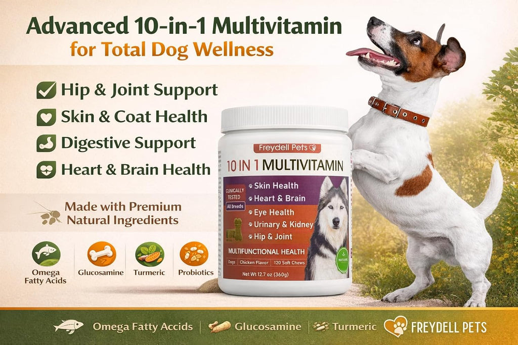 Freydell Pets Suplemento Multivitamínico 10-en-1 para Perros – Glucosamina y Condroitina, Probióticos, Omega-3 para Articulaciones, Digestión y Piel (120 masticables)