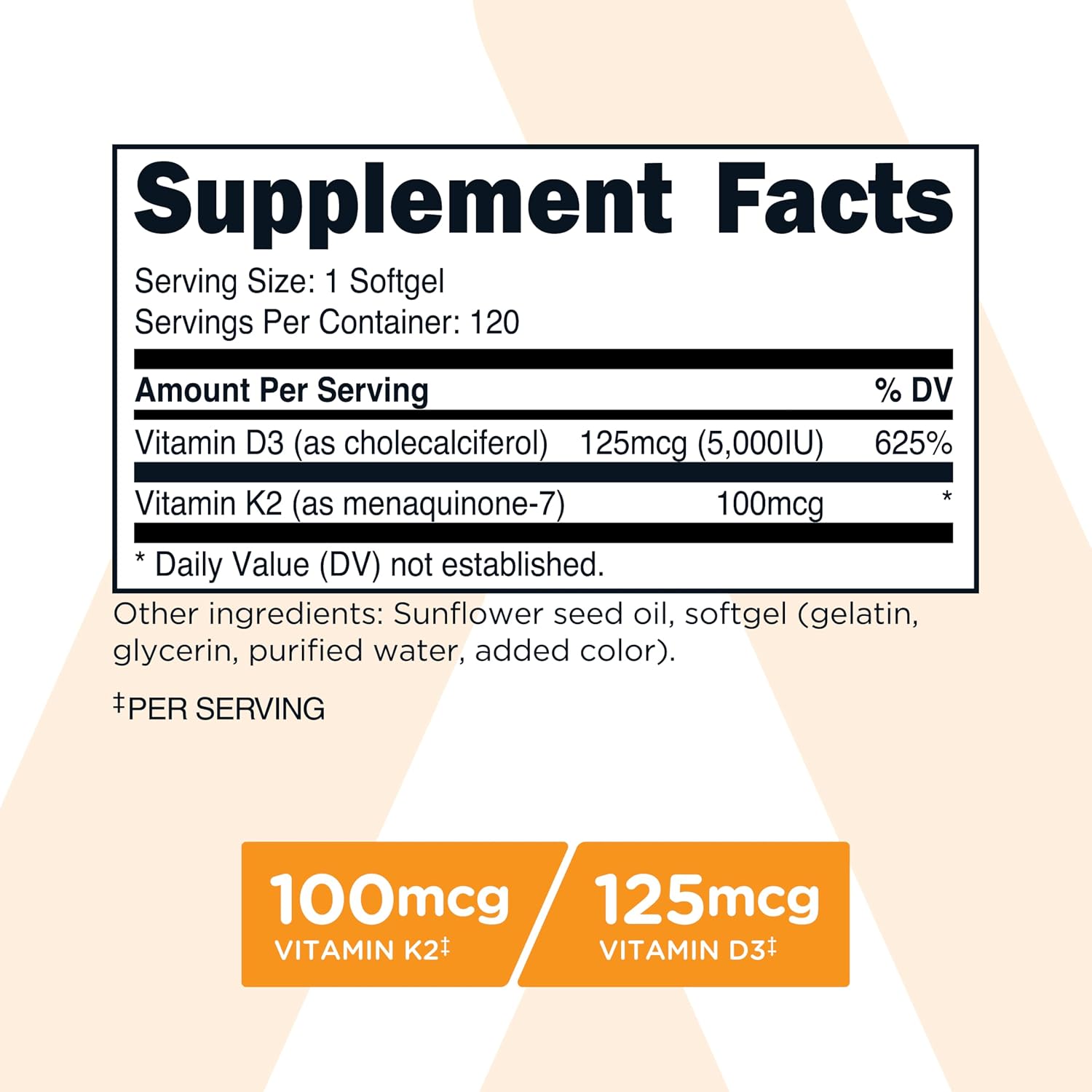 TransformHQ Vitamina K2 (MK7) 100 mcg + Vitamina D3 5000 UI, 120 Cápsulas Blandas - Sin Gluten y No GMO