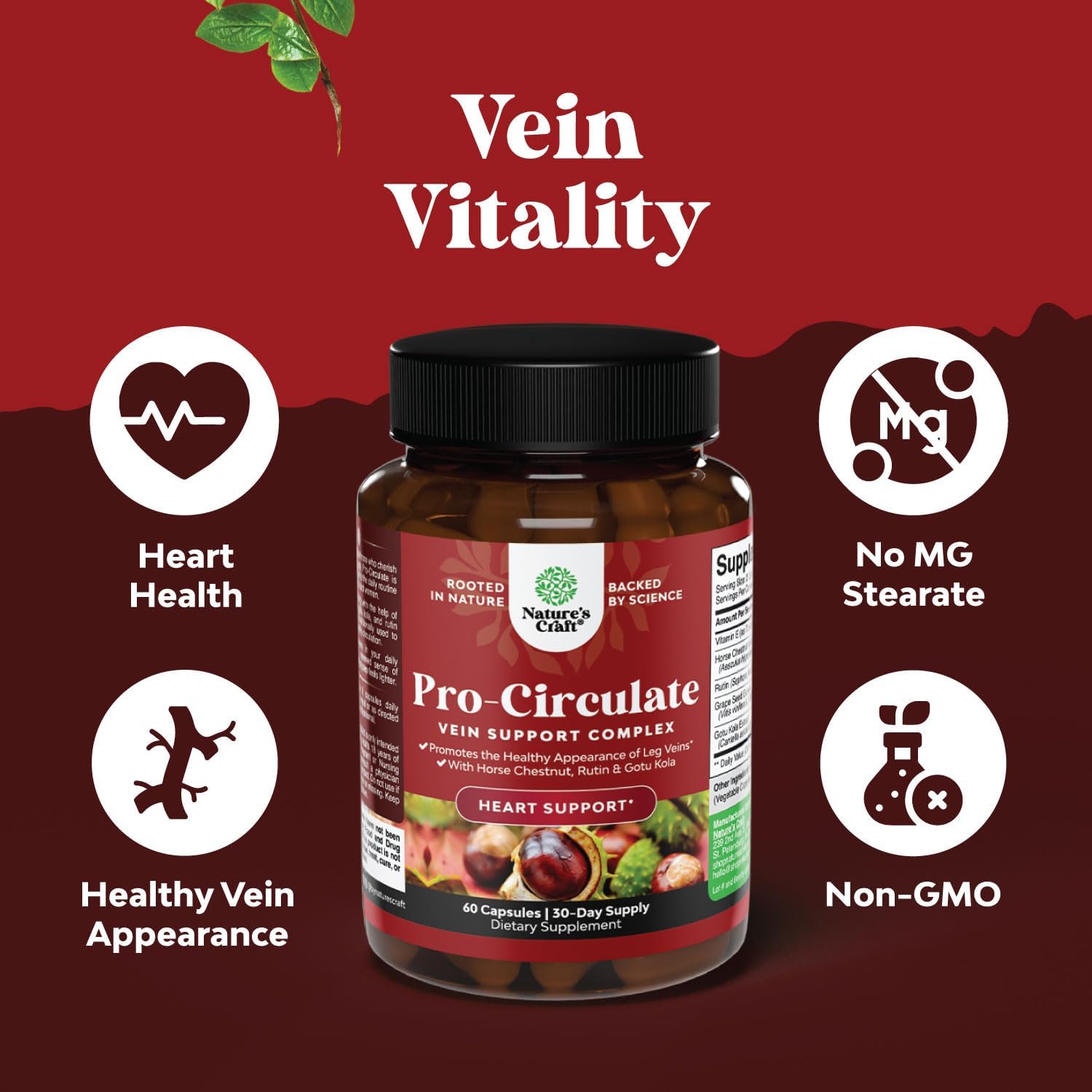 Natures Craft Suplemento para Venas - Extracto de Castaño de Indias - 60 Cápsulas Veganas