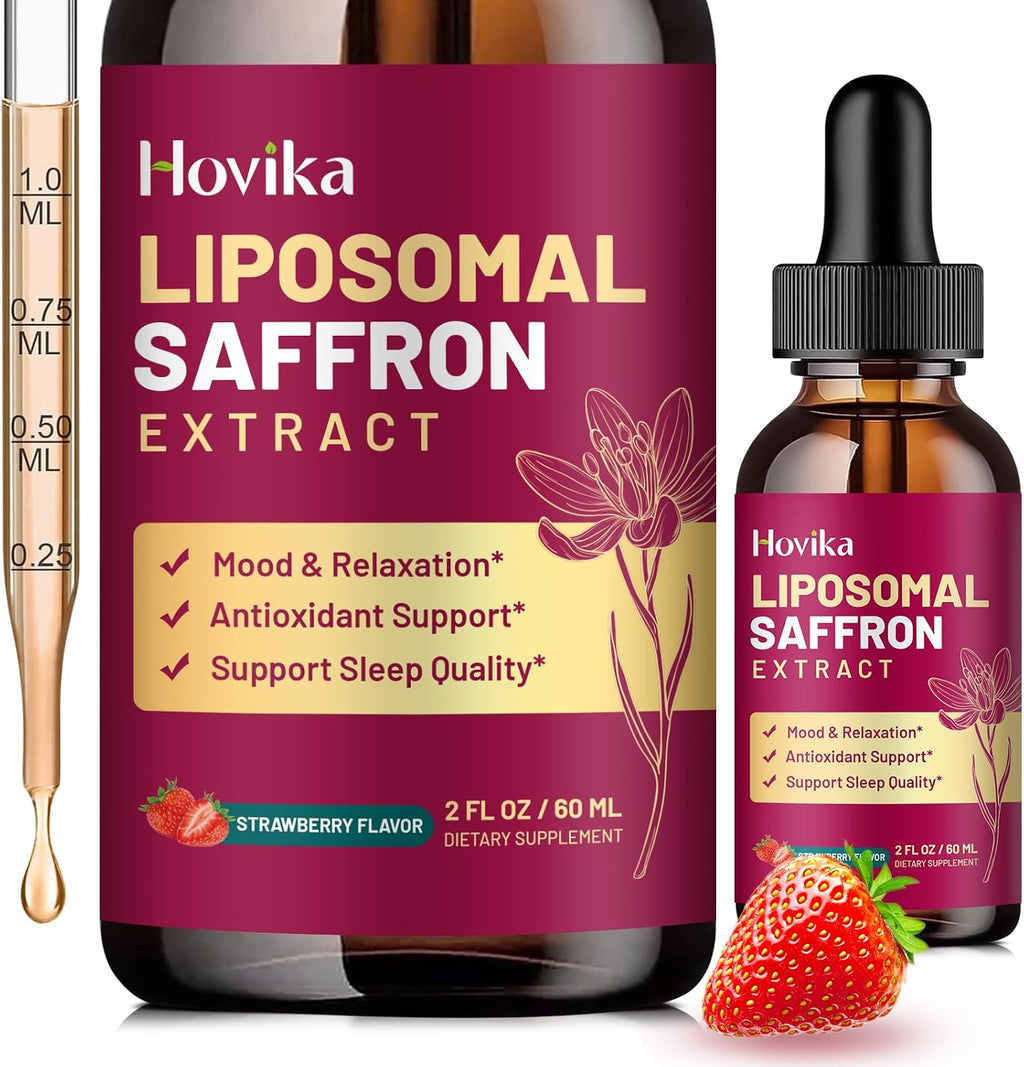 Hovika Suplemento de Azafrán Liposomal - 88.5 mg Extracto de Azafrán con L-Teanina, Manzanilla, Vitaminas C, B6, B12 y D3 - Apoyo al Estado de Ánimo, Energía y Enfoque - 60 ml Sabor Fresa