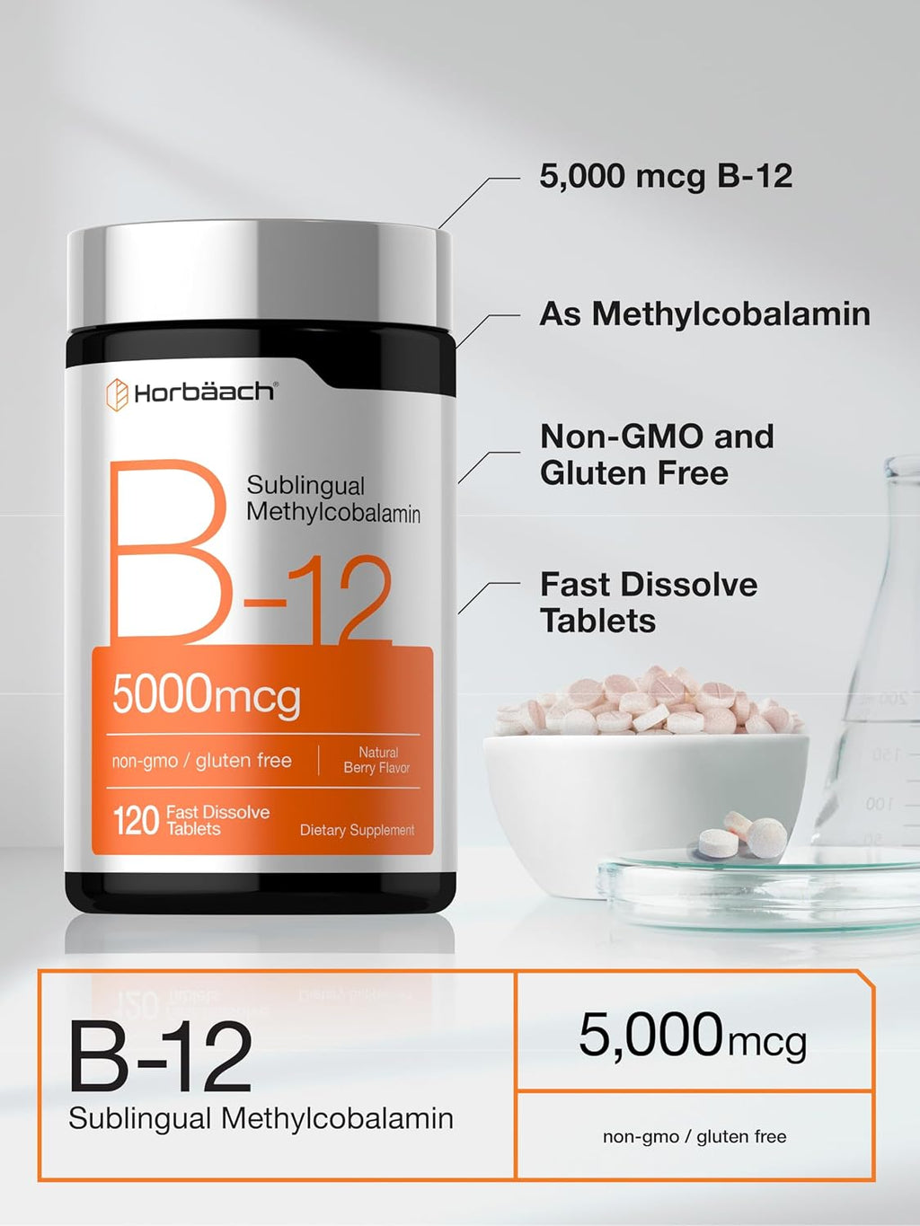 Horbäach Vitamina B12 5000 mcg - 120 Comprimidos Sublinguales de Metilcobalamina - Sabor Natural a Bayas - Vegano, Sin Gluten y No Modificado Genéticamente
