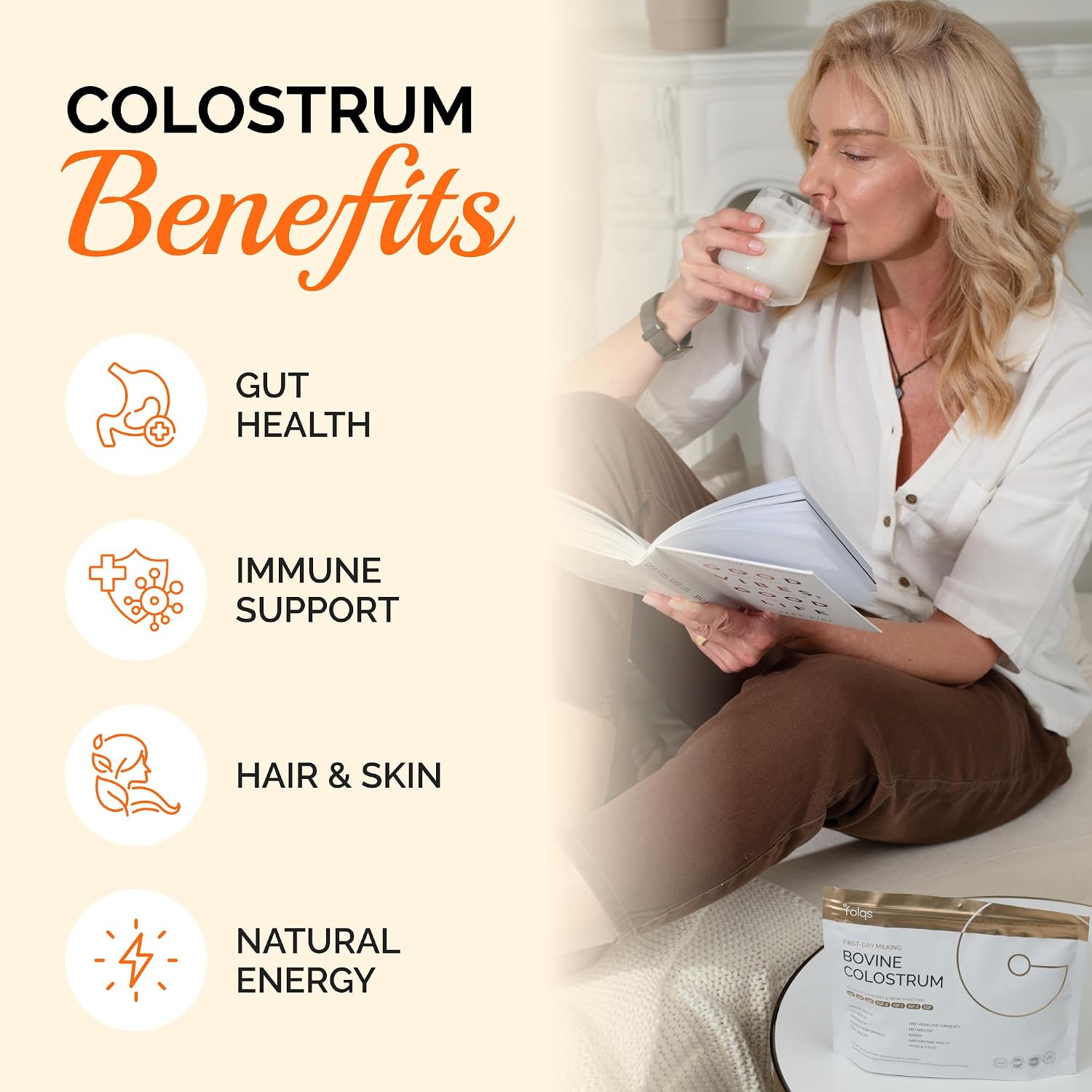 Folqs Polvo de Calostro Bovino – Primera Ordeña para Apoyo Inmunitario y Digestivo – 60 Dosis – Apoya la Salud de la Piel y los Tejidos – Fabricado en EE. UU. – Aminoácidos, Vitaminas, Minerales – Kosher – De Origen Sostenible