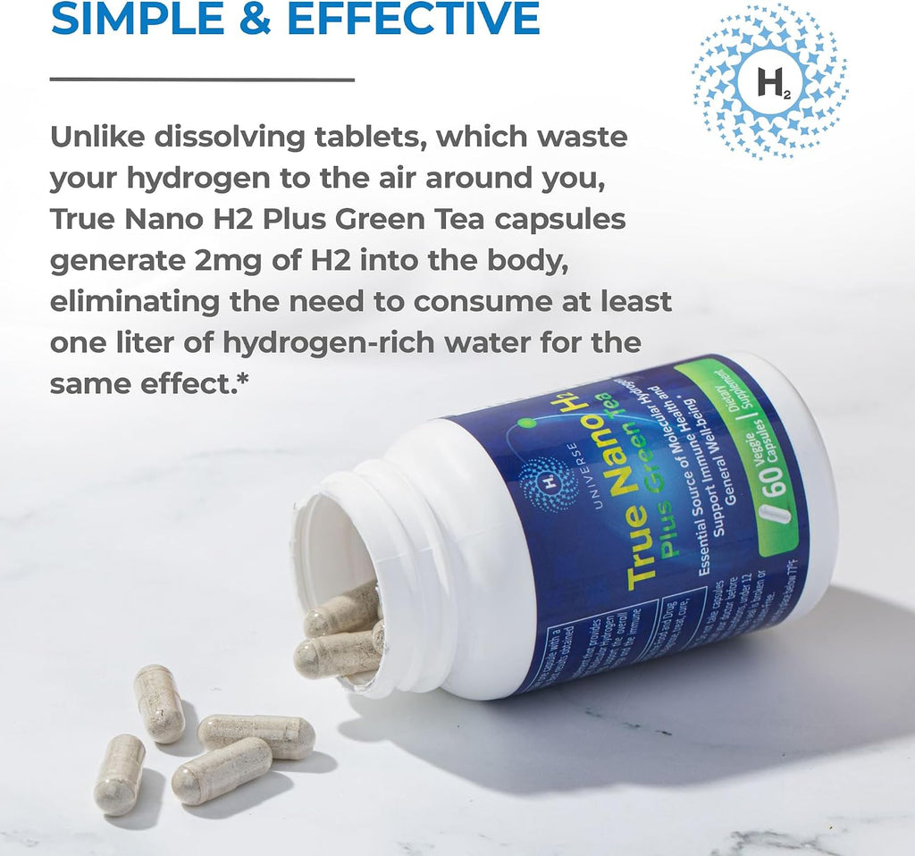 True Nano H2 con Té Verde - Hidrógeno Molecular con Nanoburbujas de Hidrógeno Activo - 60 Cápsulas