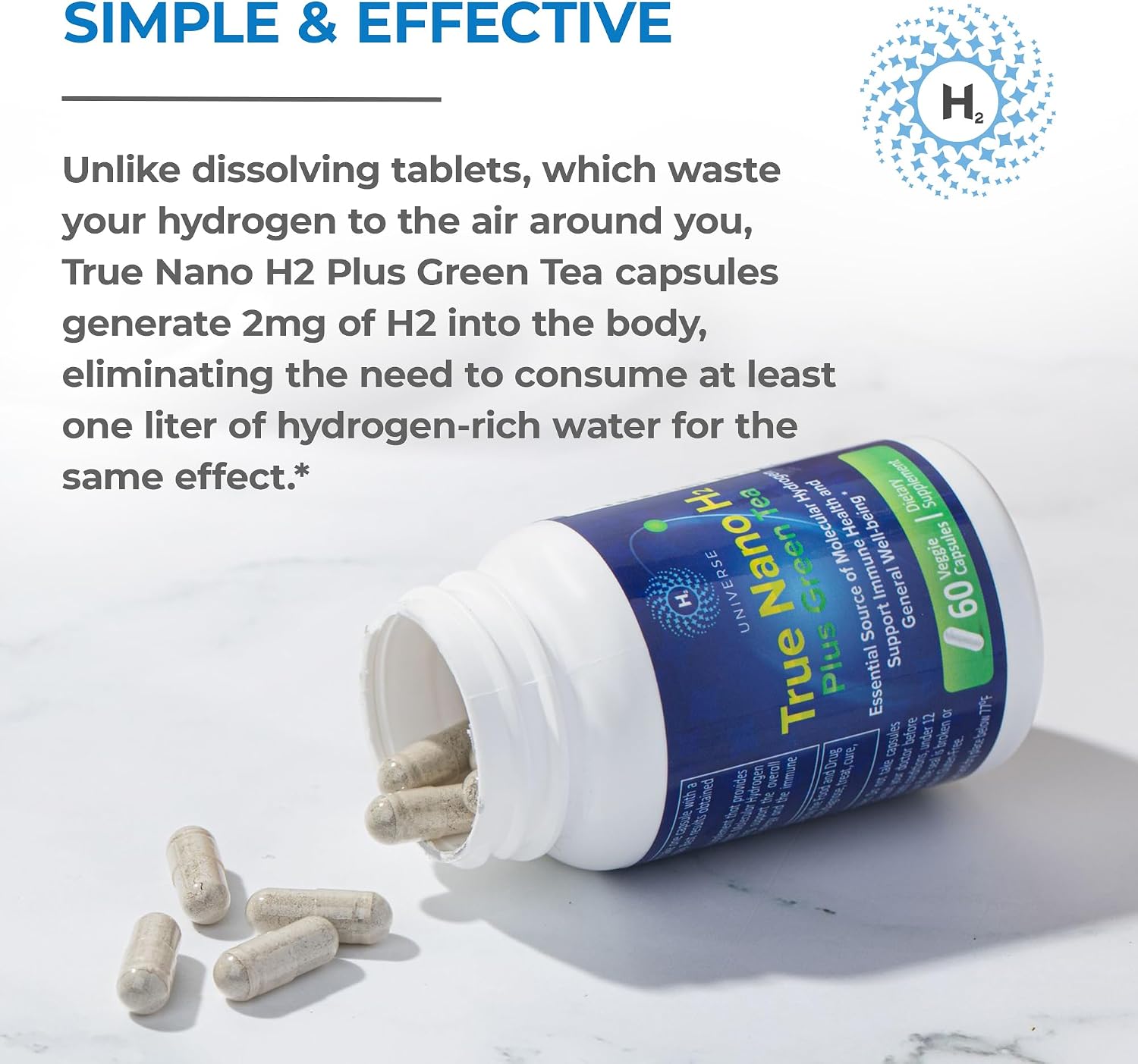 True Nano H2 con Té Verde - Hidrógeno Molecular con Nanoburbujas de Hidrógeno Activo - 60 Cápsulas