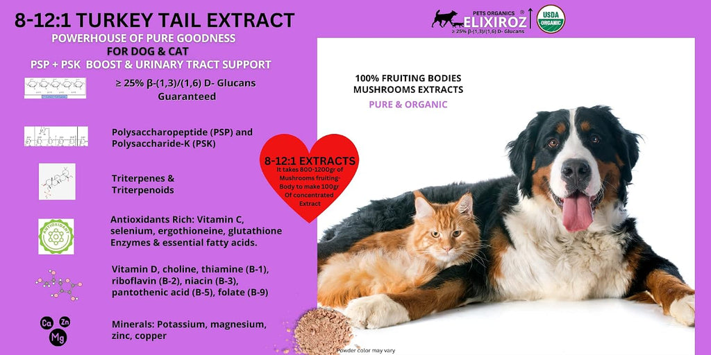 Extracto de Cola de Pavo para Perros y Gatos – 25% Beta Glucanos – Concentrado 8:1-12:1 – 250 Raciones