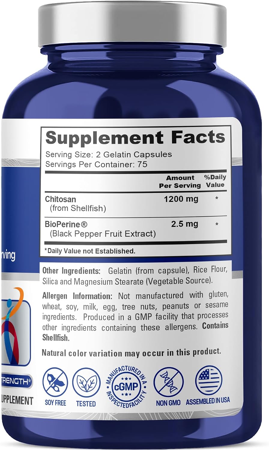 NusaPure Chitosan 1200mg con Bioperine - 150 Cápsulas - Sin OGM y Sin Soja