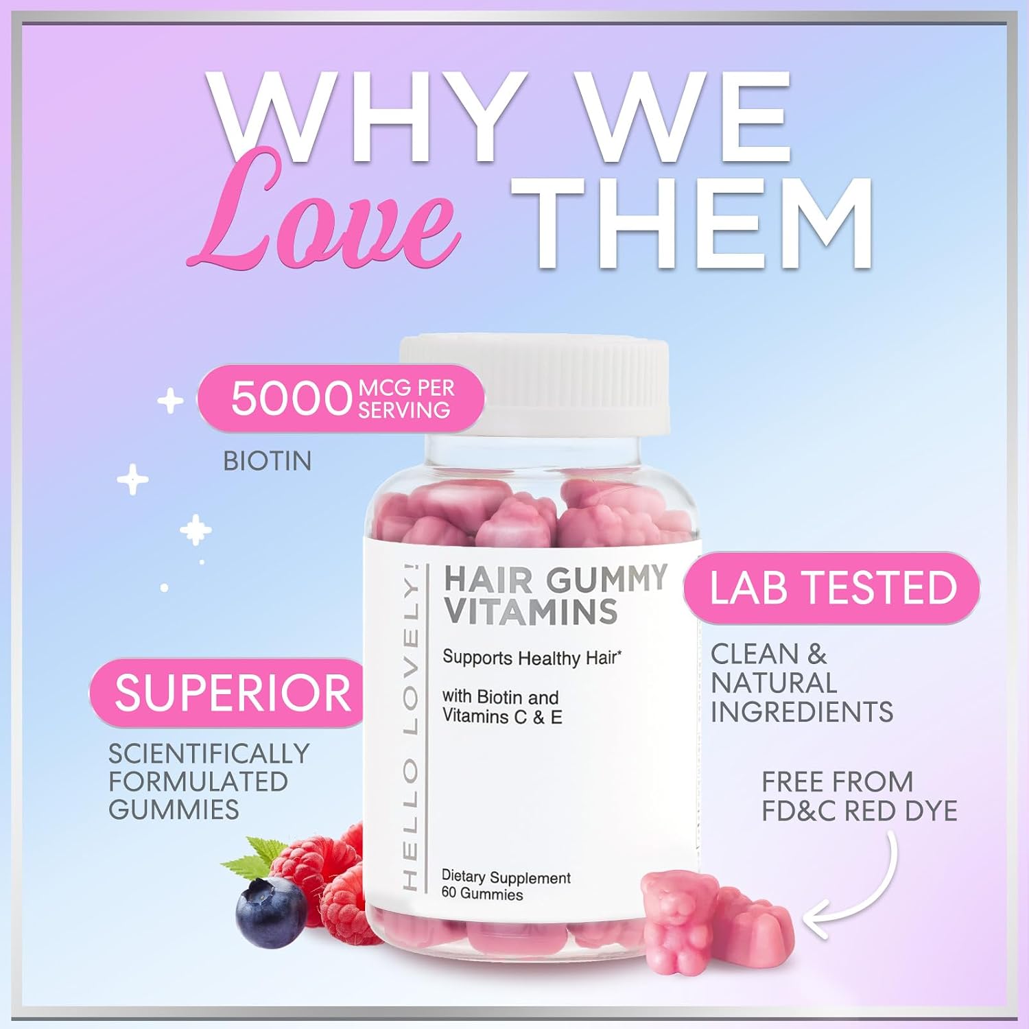 Hello Lovely! Gomitas de Biotina 5000mcg – Cabello, Piel y Uñas, 60 gomitas