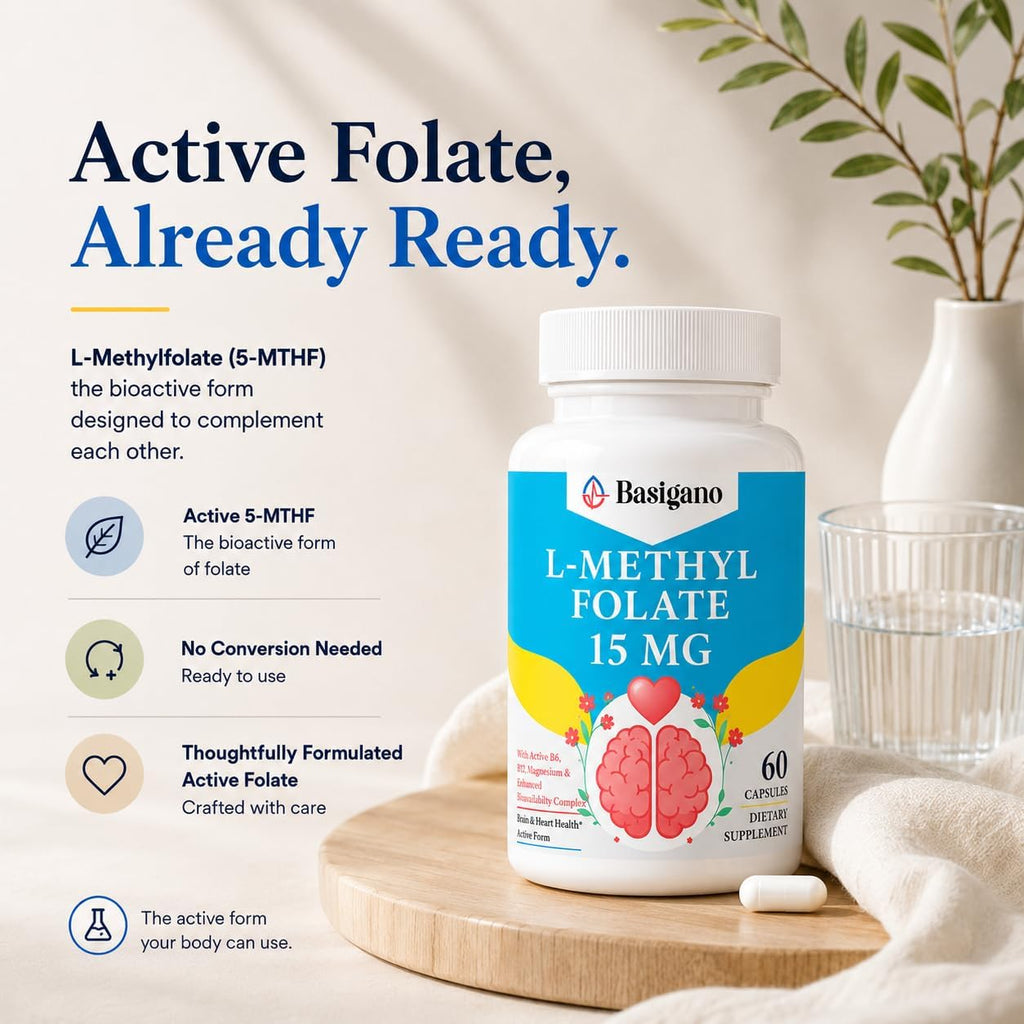 L-Metilfolato 15mg (5-MTHF) - Ácido Fólico Activo Enriquecido con Vitaminas B6 y B12 - 60 Cápsulas Vegetales - No GMO, Sin Gluten
