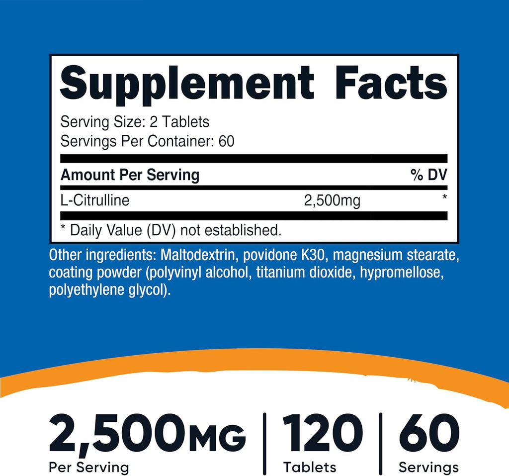 Nutricost L-Citrulina 2500mg por dosis - 120 Comprimidos (60 dosis)